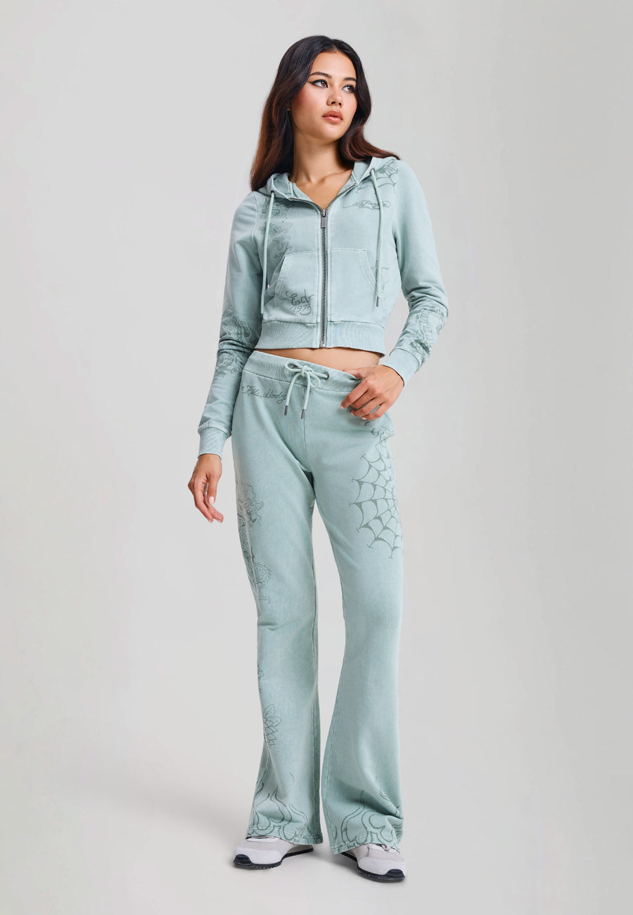 Womens Multi Tattoo Fitted Zip Thru Acid Wash Hoodie - Sage