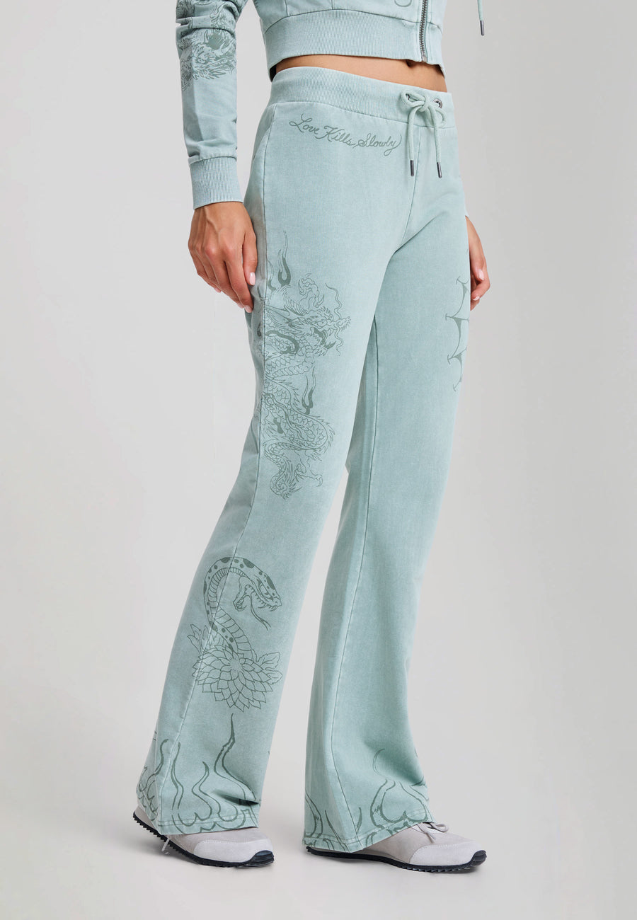 Womens Multi Tattoo Flared Acid Wash Joggers - Sage