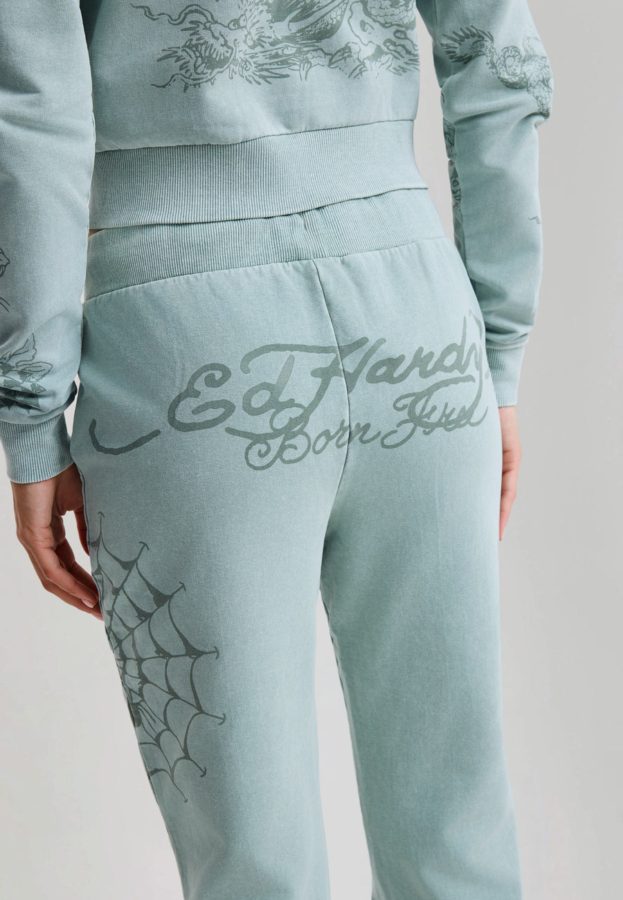 Womens Multi Tattoo Flared Acid Wash Joggers - Sage