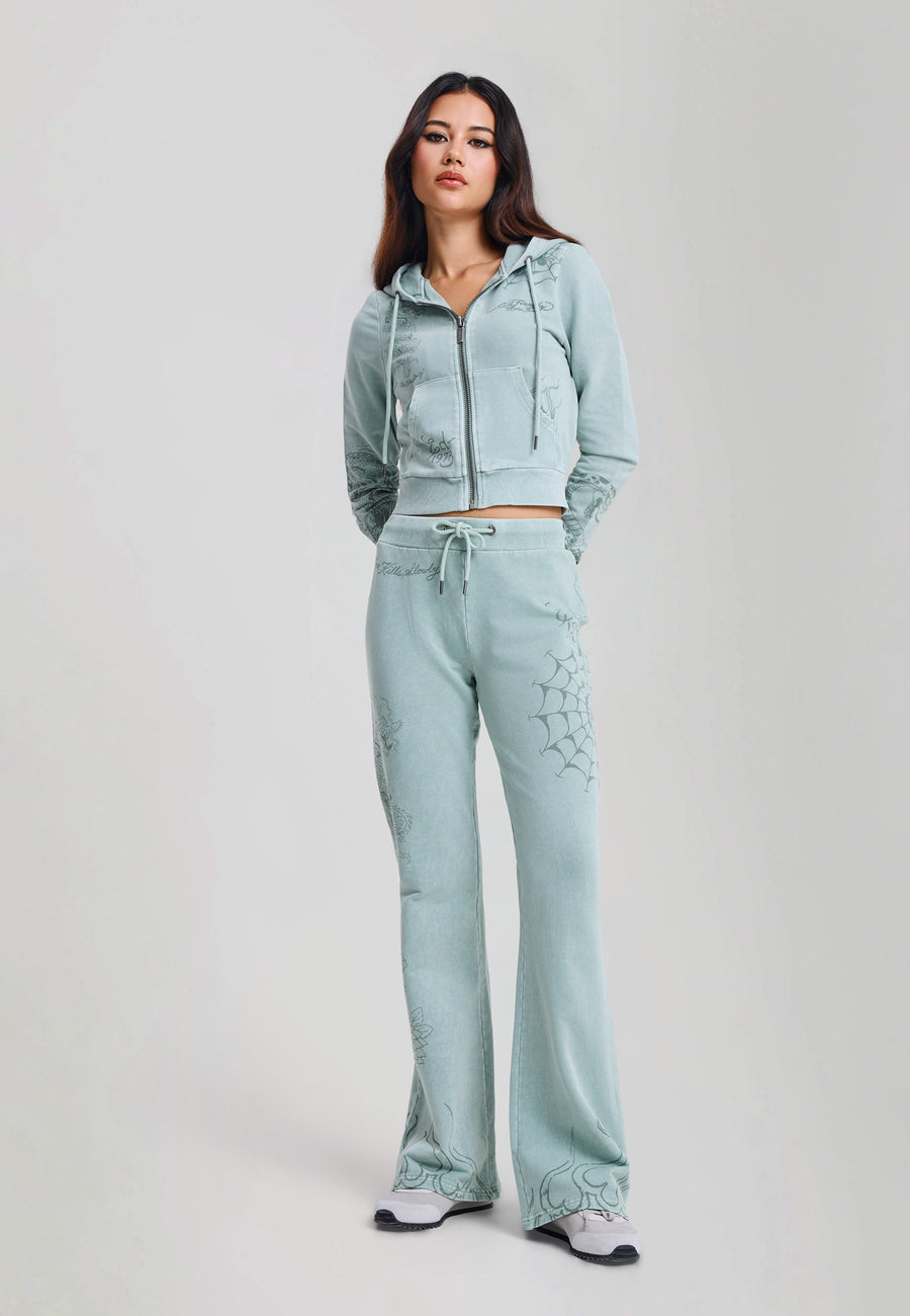 Womens Multi Tattoo Flared Acid Wash Joggers - Sage