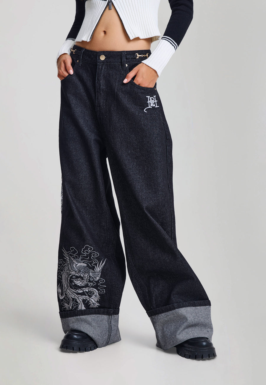 Womens Dancing Dragon Xxtra Turn Up Jeans - Black