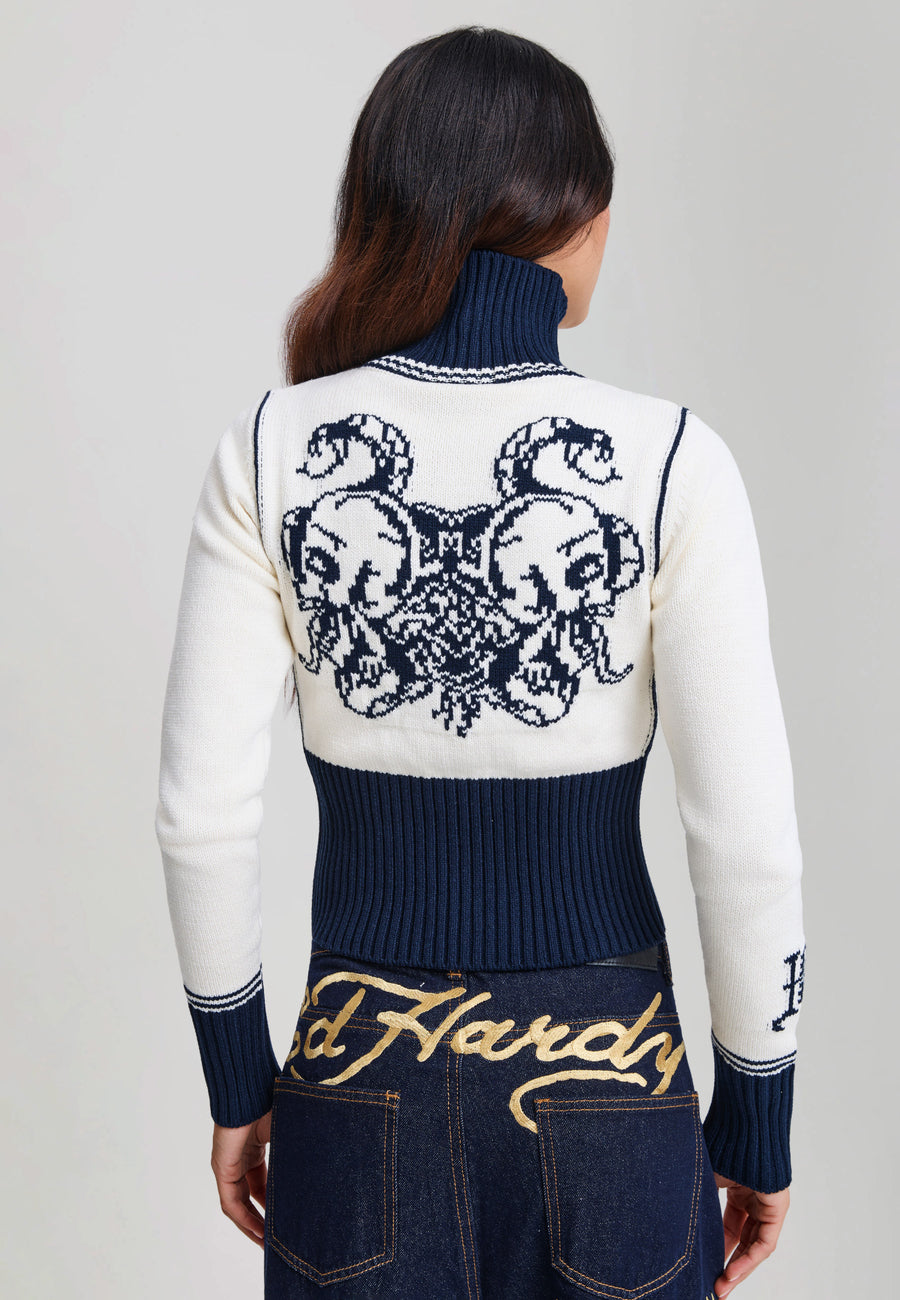 Womens Skull And Serpent Knitted Fitted Zip Thru Jacket - Navy