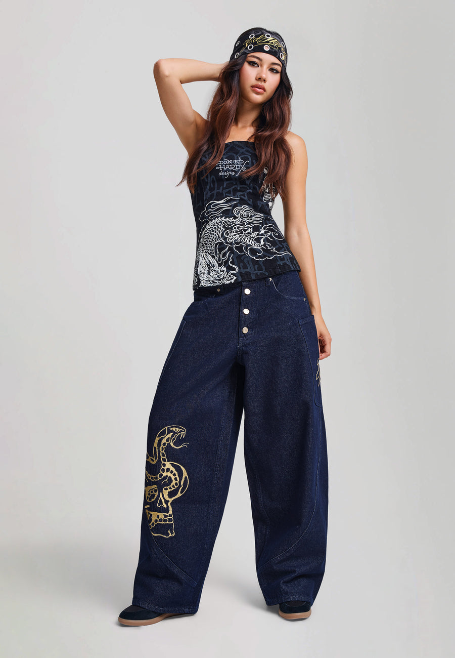 Womens Monogram Dragon Fitted Denim Corset - Black