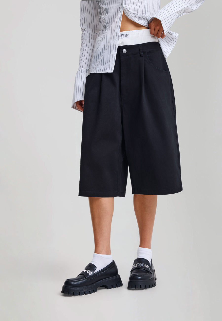 Womens Double Waistband Python Chino Relaxed Shorts - Black