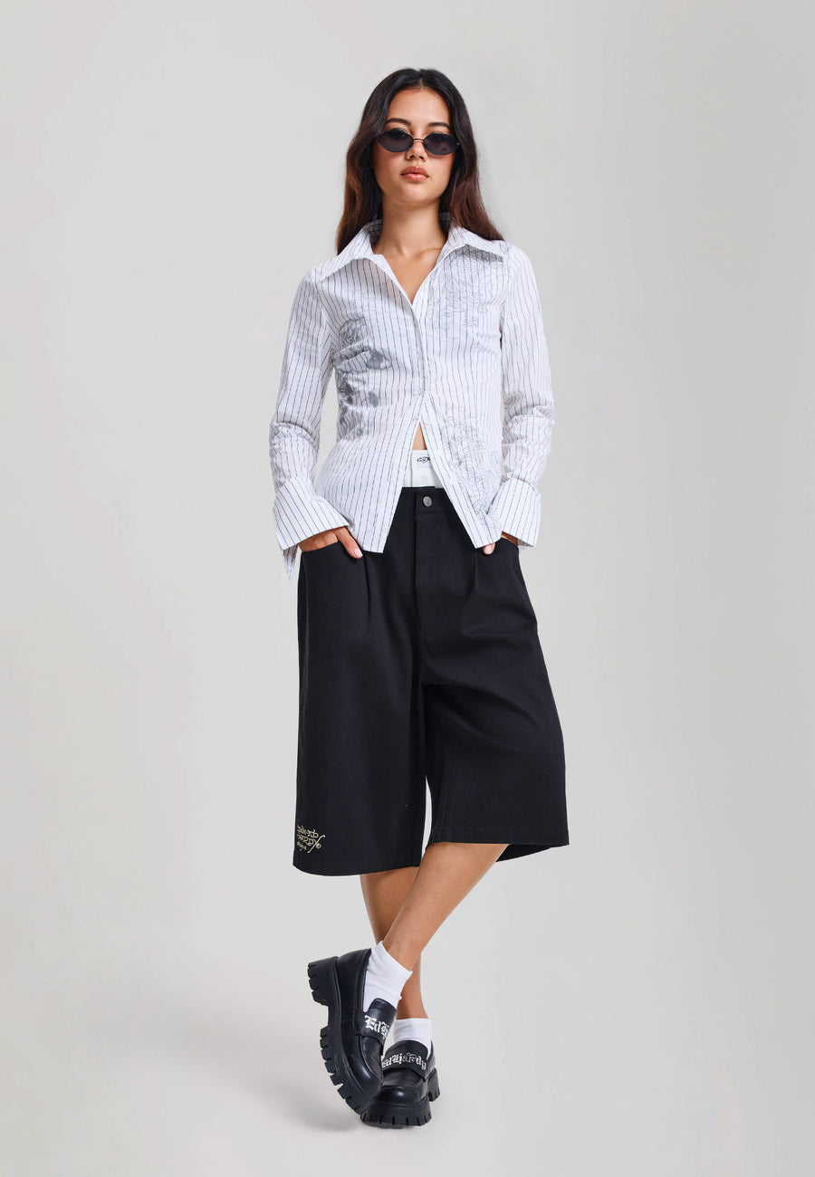 Womens Double Waistband Python Chino Relaxed Shorts - Black