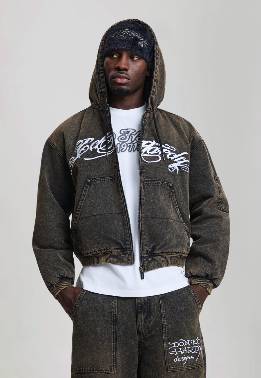 Mens Washed Graphic Relaxed Canvas Jacket - Black