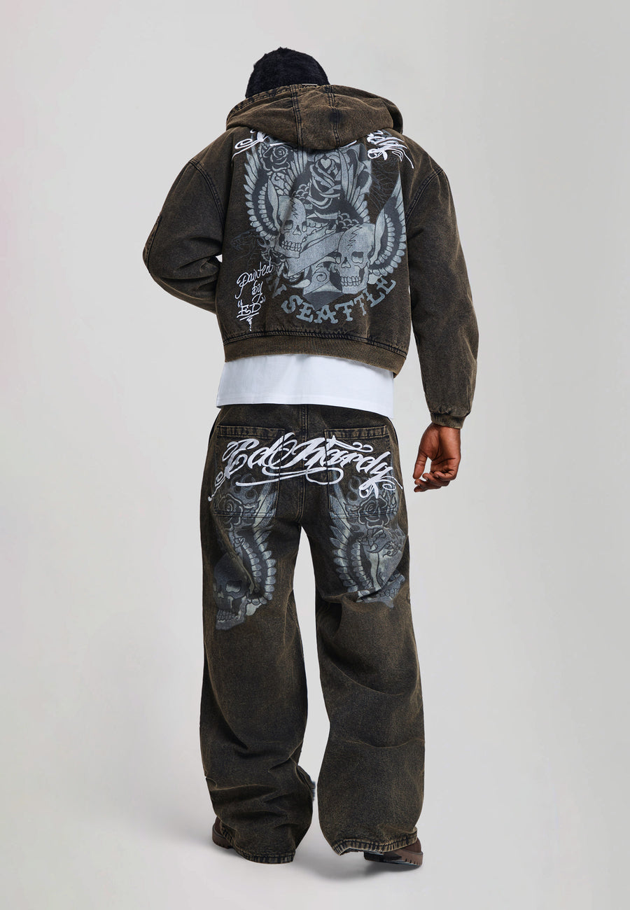 Mens Washed Graphic Relaxed Canvas Jacket - Black