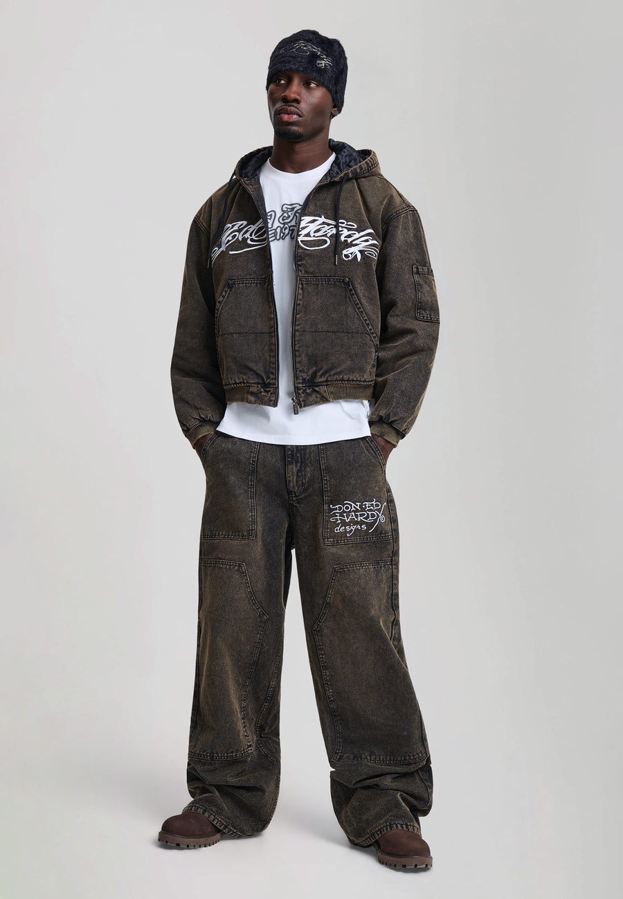 Mens Washed Graphic Relaxed Canvas Jacket - Black