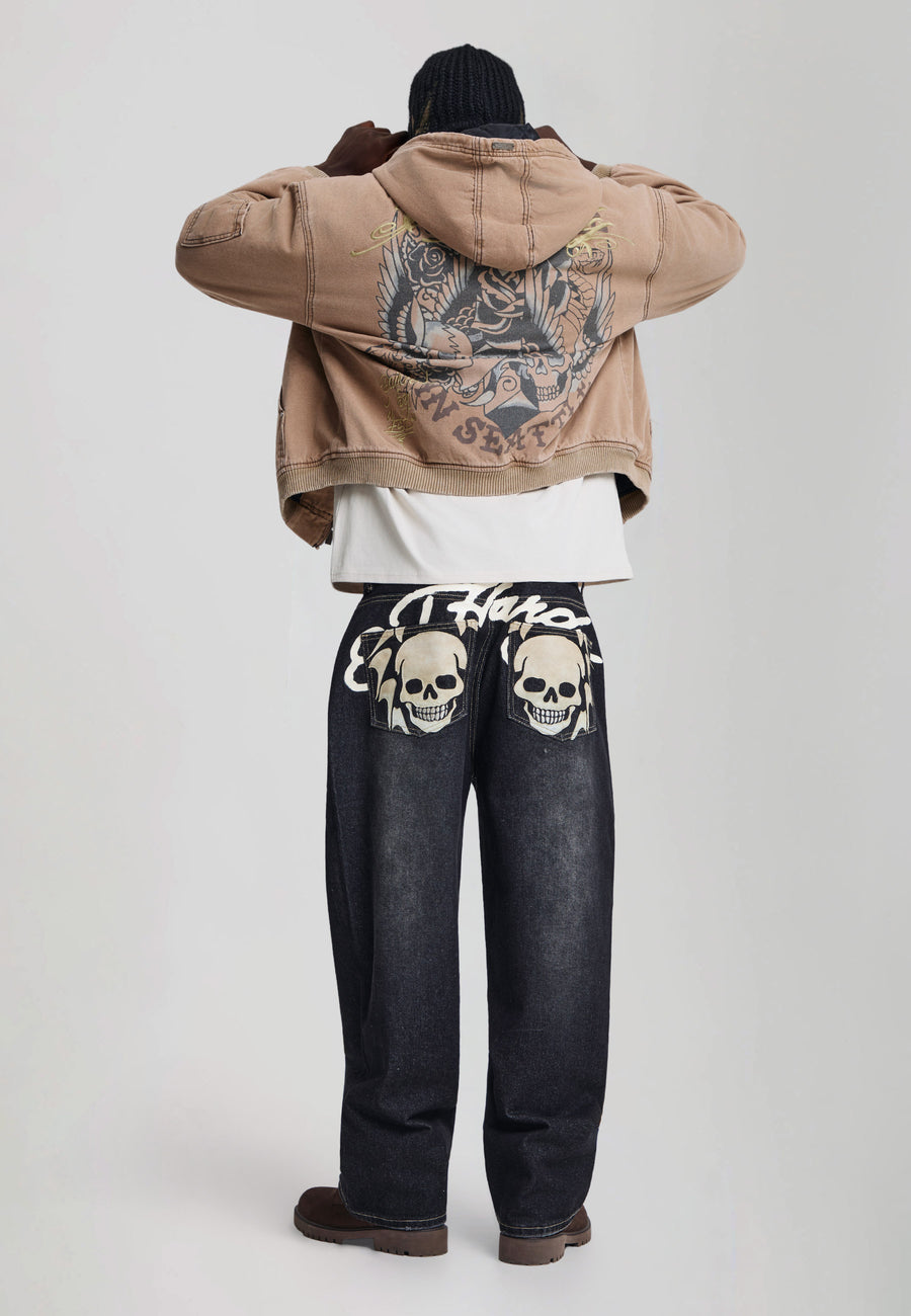 Mens Flying Skull Pu Applique Relaxed Jeans - Washed Black
