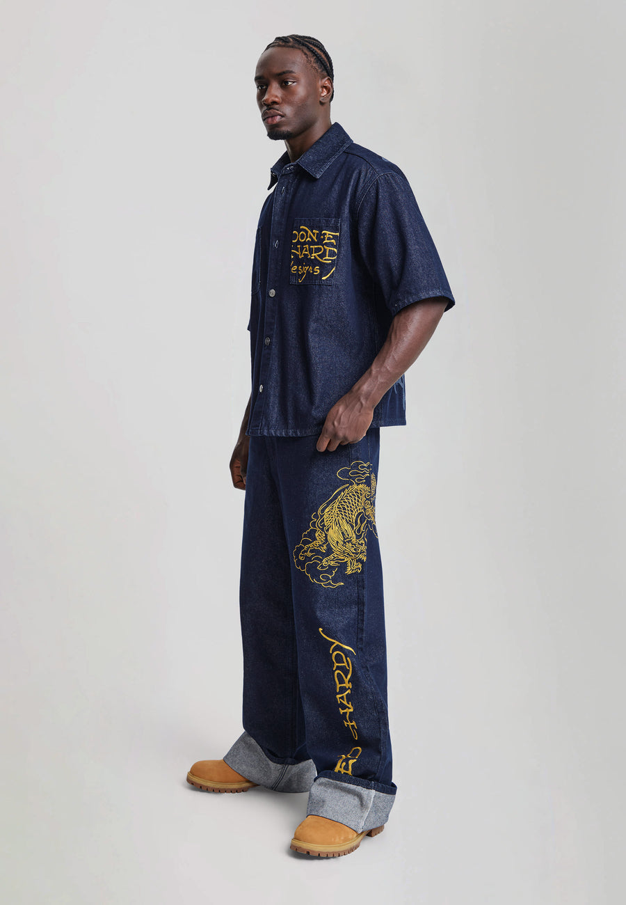 Mens Embroidered Turn Up Dragon Xxtra Jeans - Indigo
