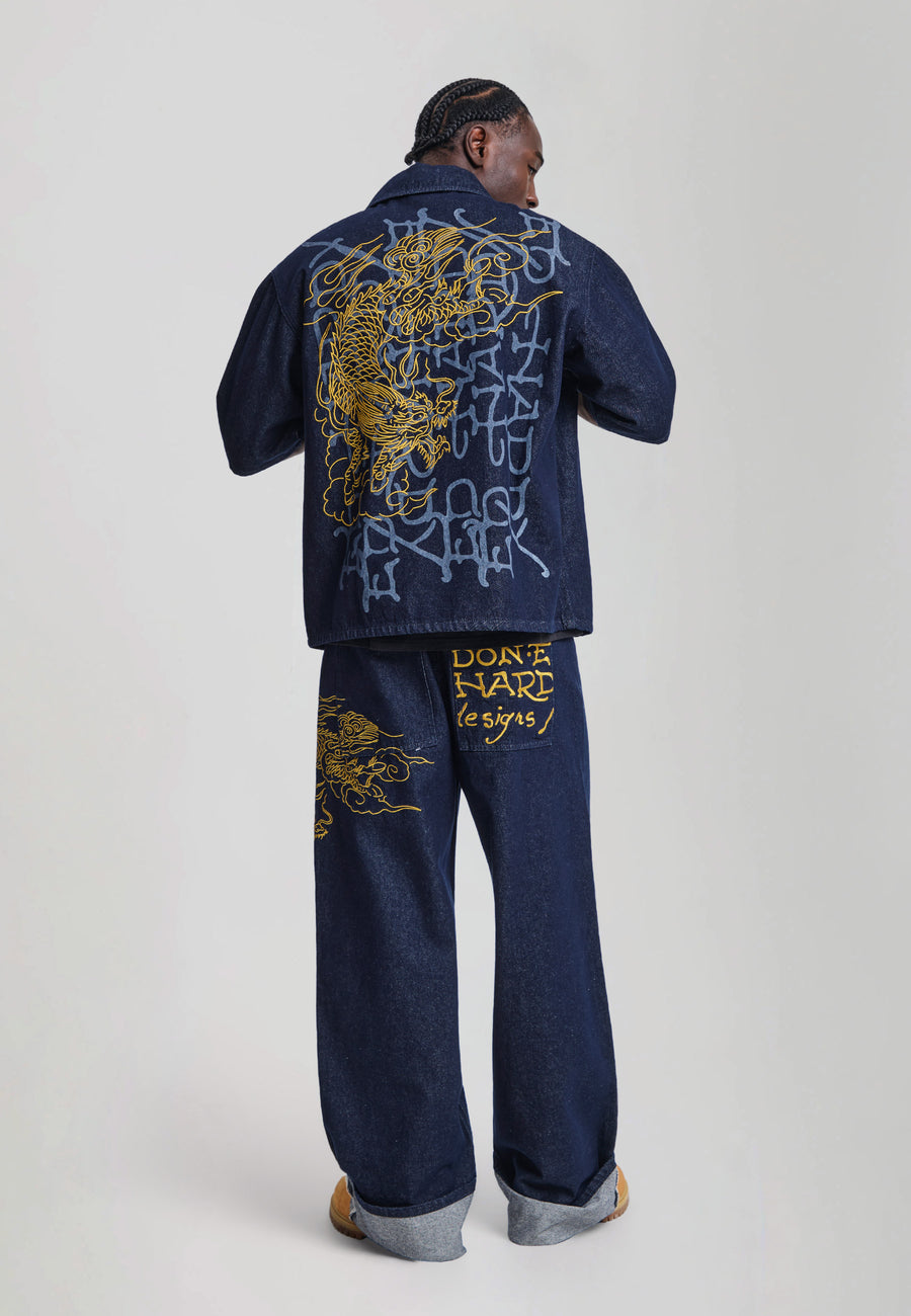 Mens Embroidered Turn Up Dragon Xxtra Jeans - Indigo
