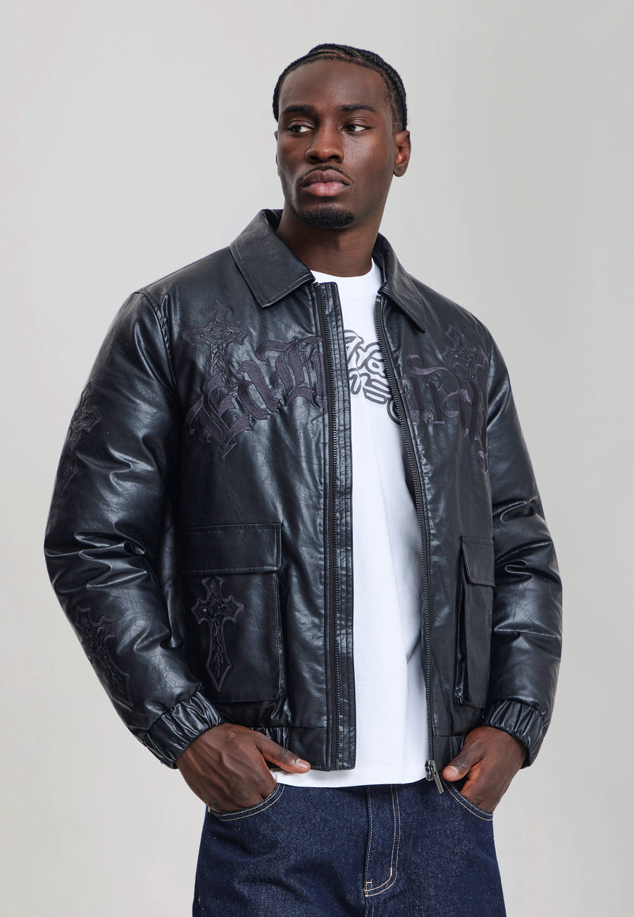 Mens Gothic Ed Hardy Embroidered Cross Relaxed Jacket - Black