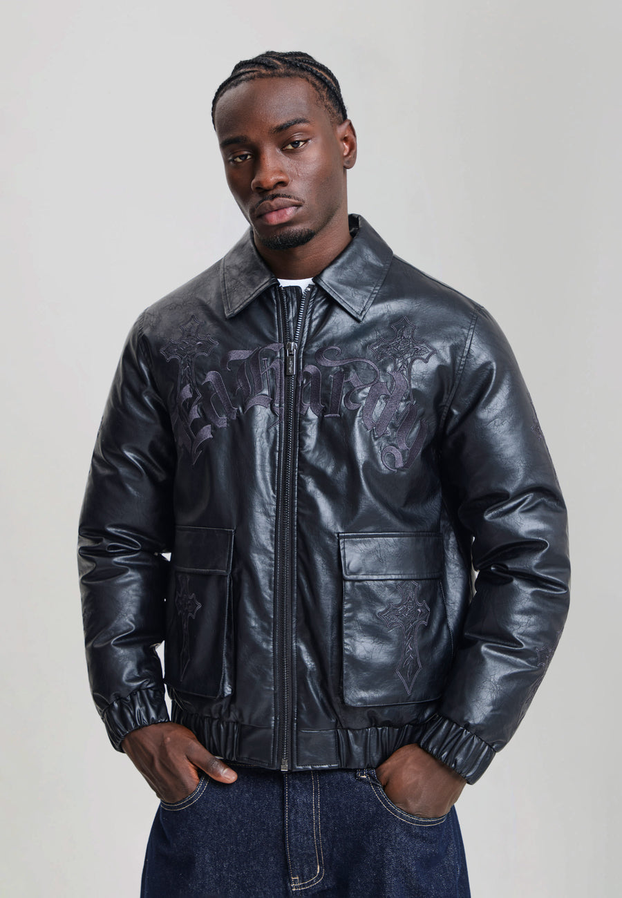 Mens Gothic Ed Hardy Embroidered Cross Relaxed Jacket - Black
