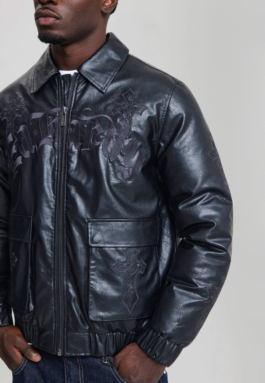 Mens Gothic Ed Hardy Embroidered Cross Relaxed Jacket - Black
