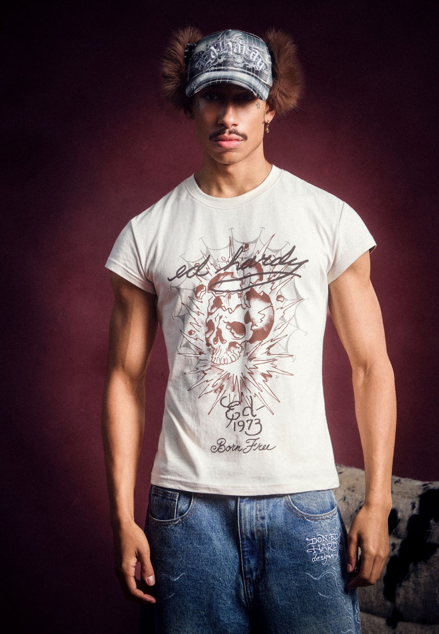 Mens Webbed Skull Graphic Fitted T-Shirt - Grey