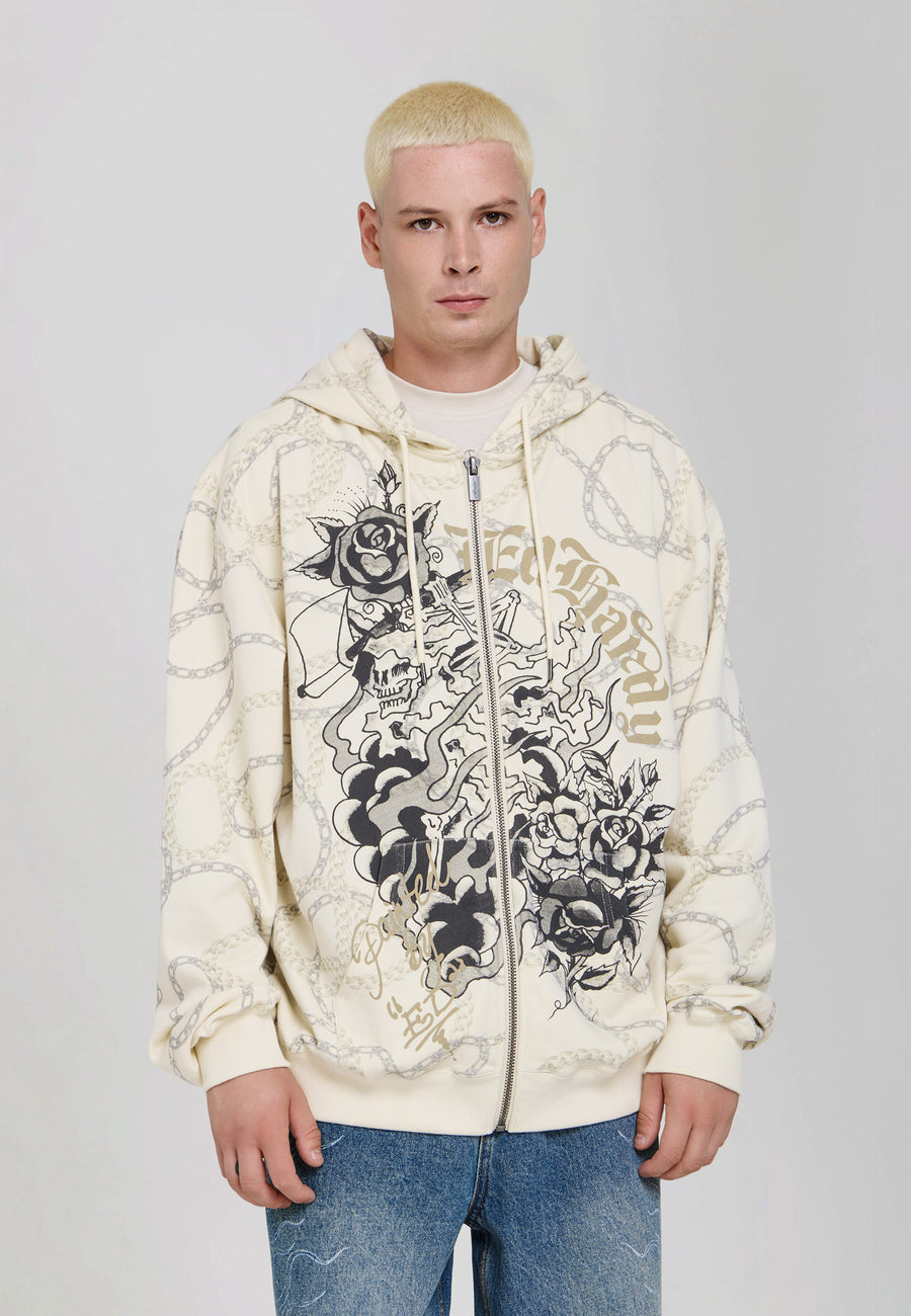 Mens Chain Print Skull Graphic Relaxed Fit Zip Through Hoodie - Ecru
