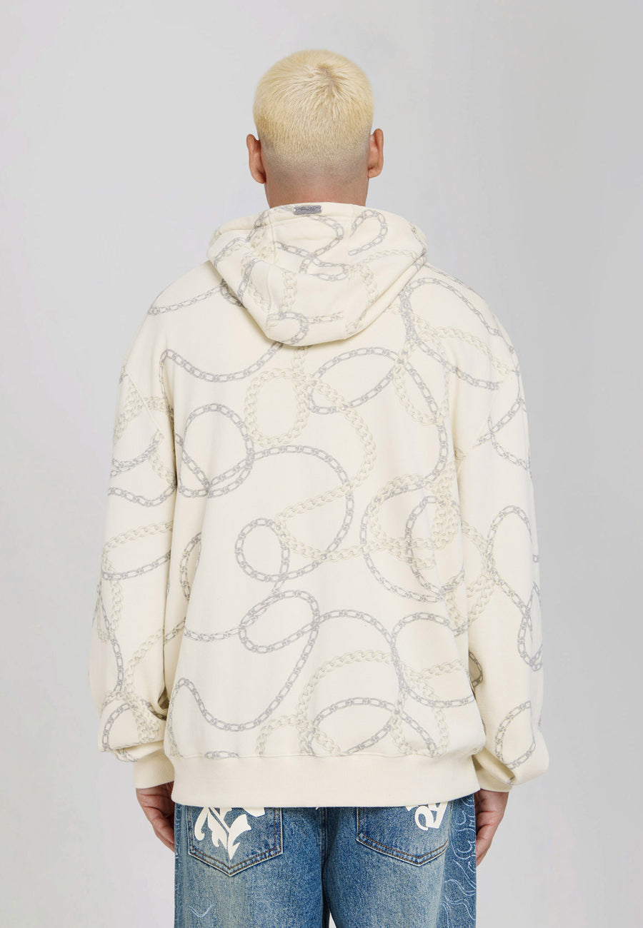 Mens Chain Print Skull Graphic Relaxed Fit Zip Through Hoodie - Ecru