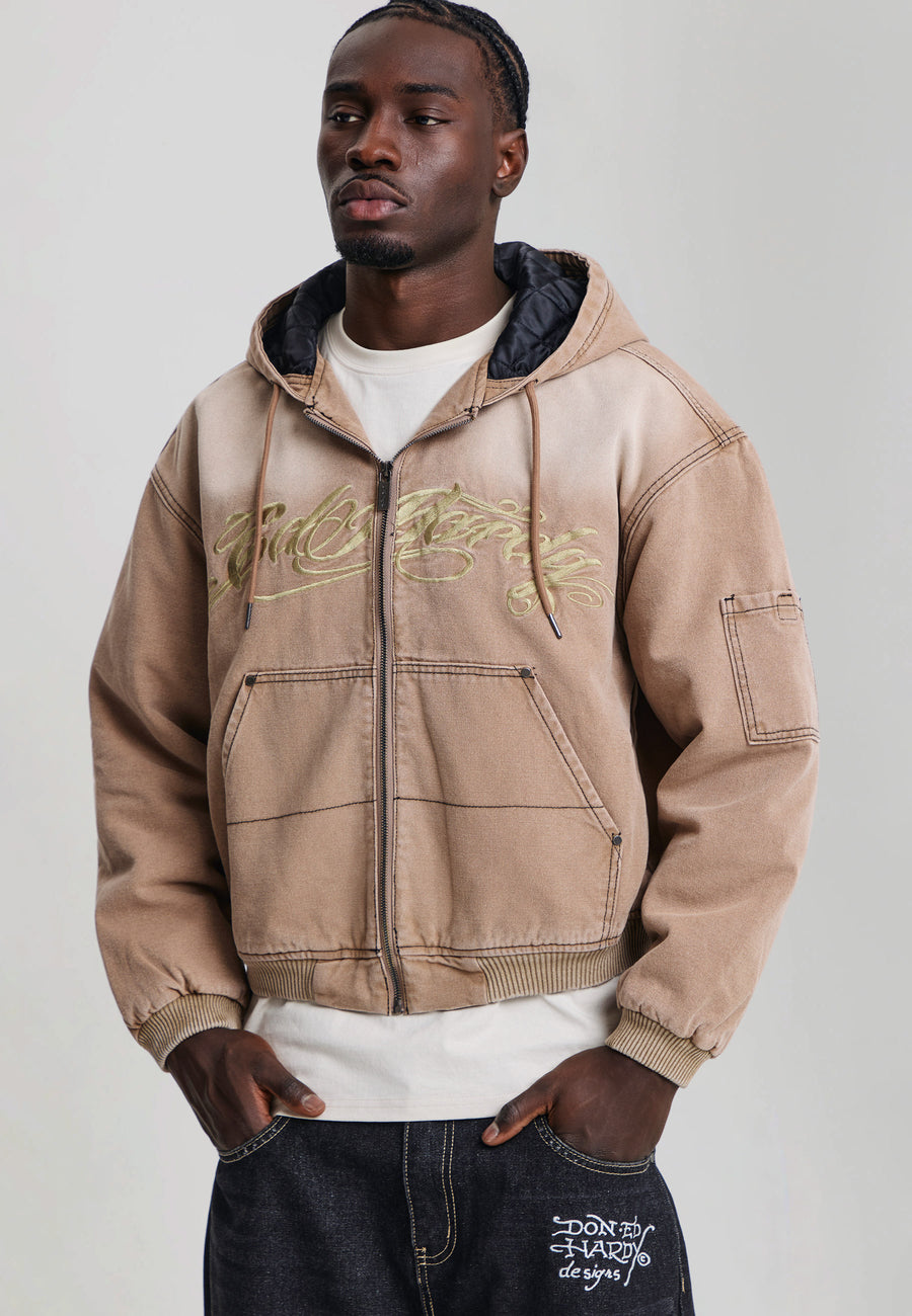 Mens Washed Graphic Relaxed Canvas Jacket - Brown
