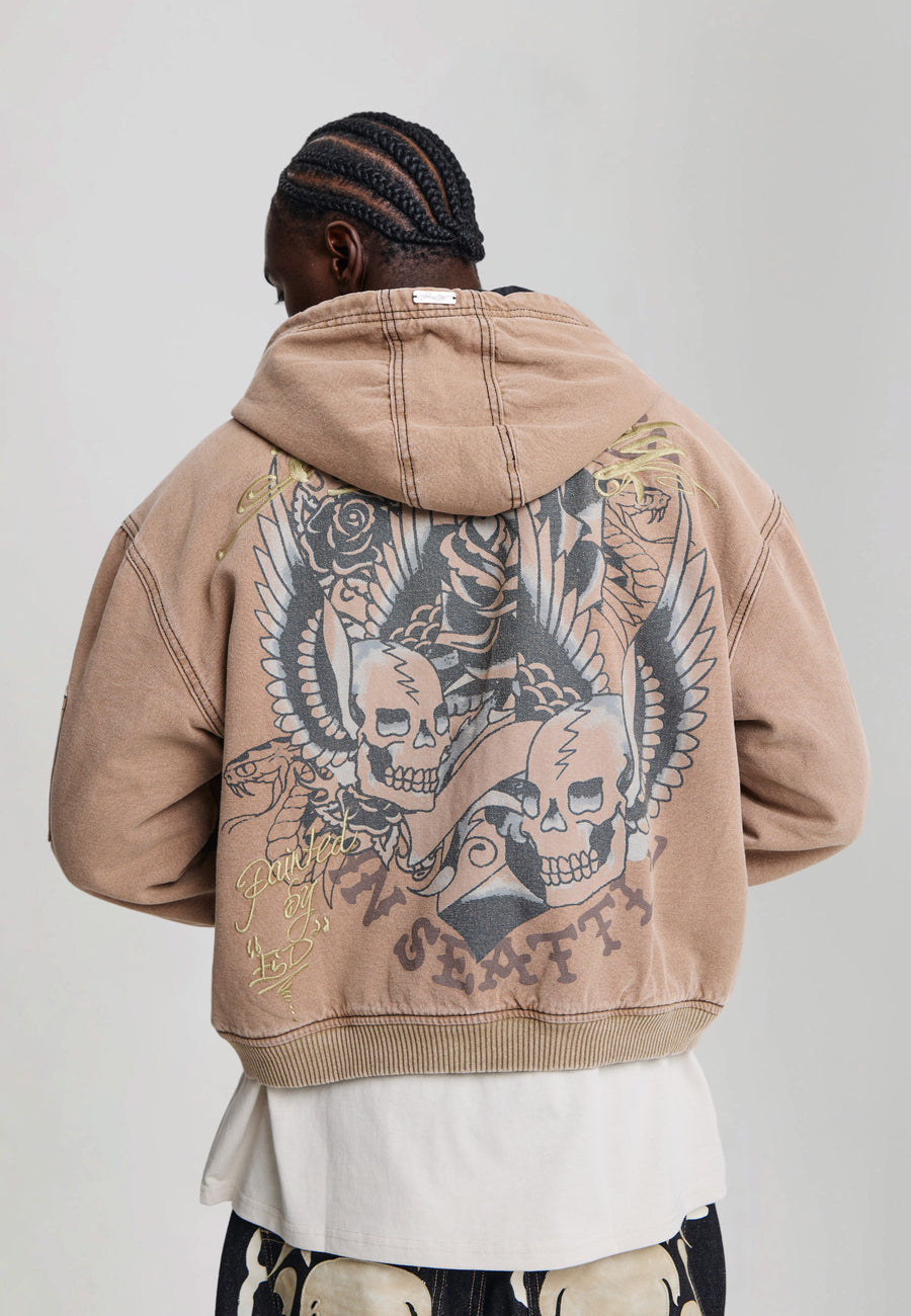 Mens Washed Graphic Relaxed Canvas Jacket - Brown