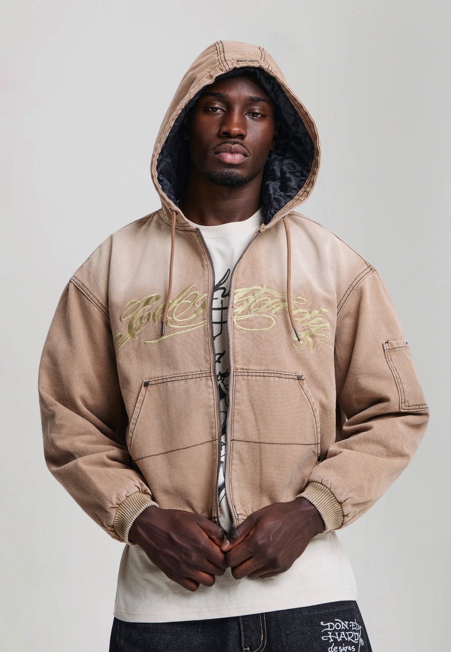 Mens Washed Graphic Relaxed Canvas Jacket - Brown