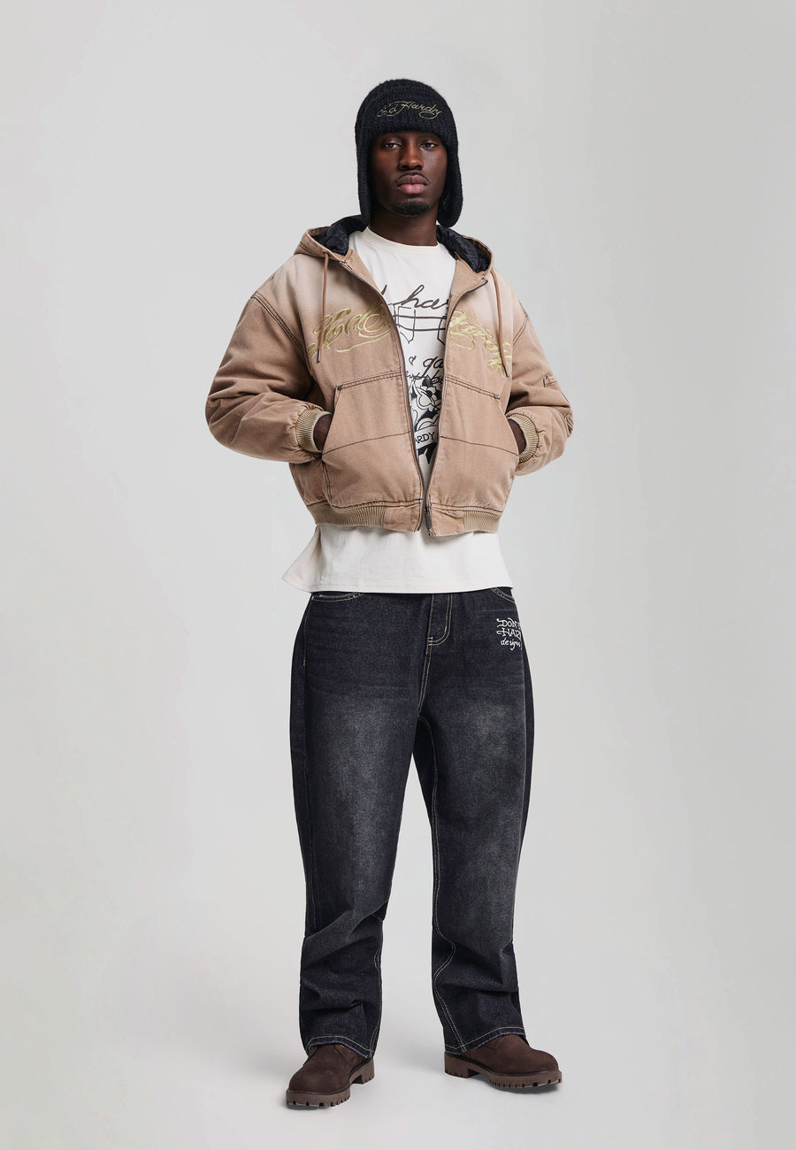 Mens Washed Graphic Relaxed Canvas Jacket - Brown