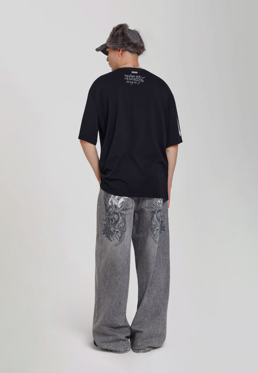 Mens Flying Skull Xxtra Baggy Jeans - Grey
