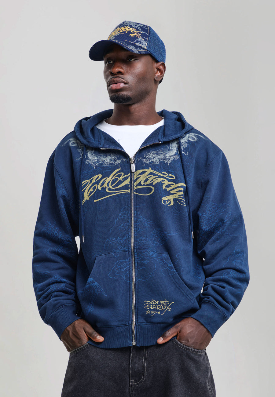 Mens Ed Hardy Golden Dragon Graphic Relaxed Zip Thru Hoodie - Navy