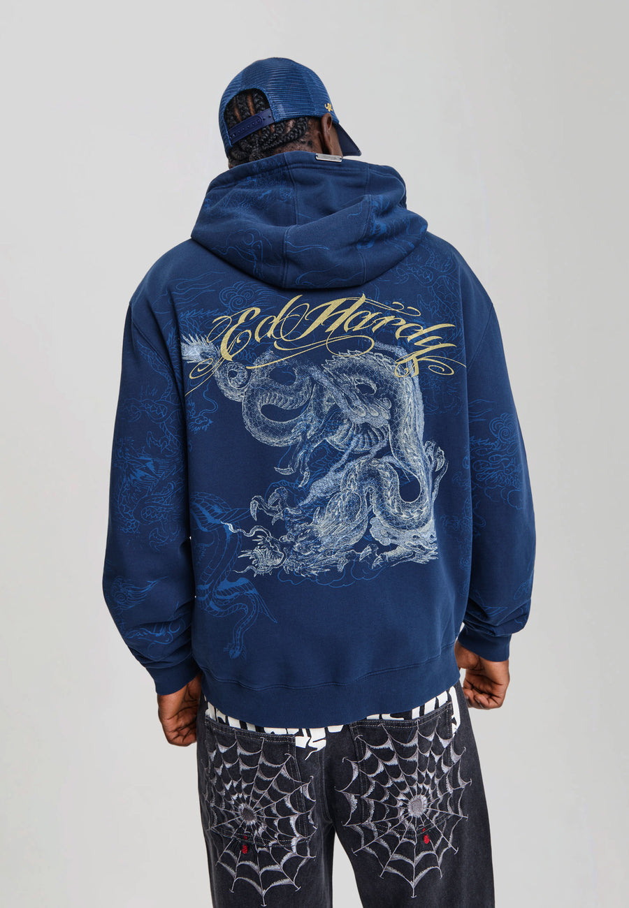 Mens Ed Hardy Golden Dragon Graphic Relaxed Zip Thru Hoodie - Navy