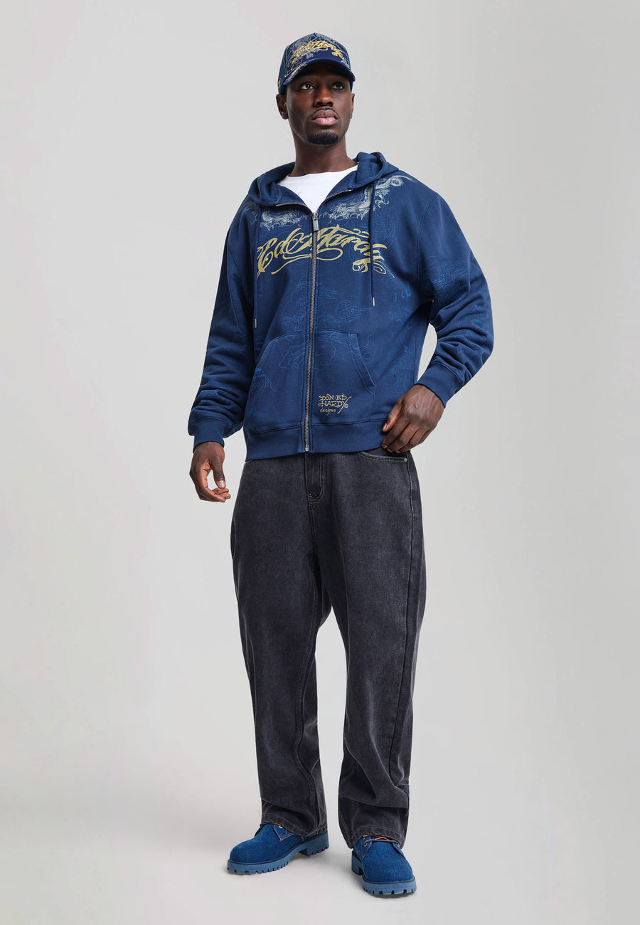Mens Ed Hardy Golden Dragon Graphic Relaxed Zip Thru Hoodie - Navy