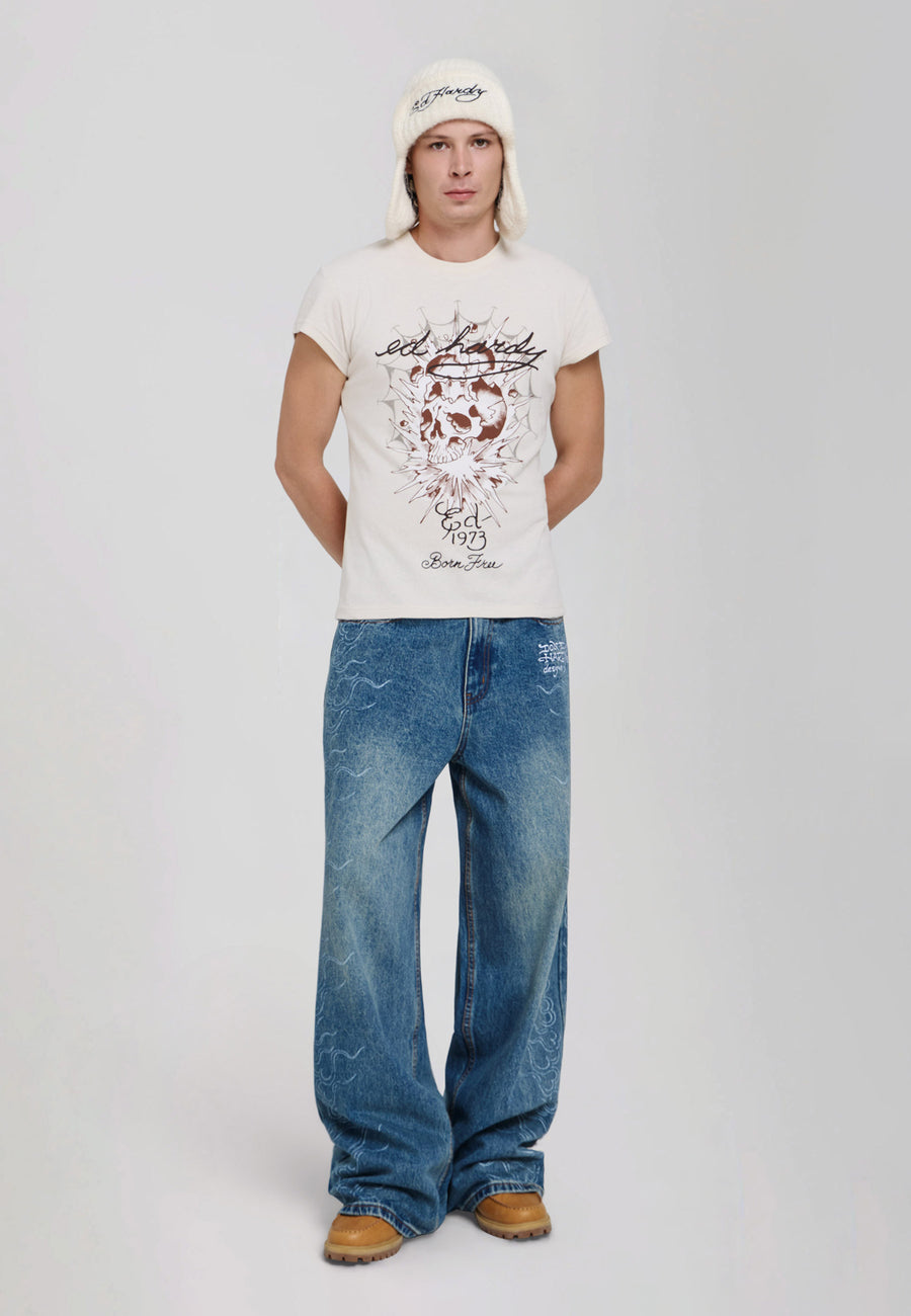 Mens Flame Etched Xxtra Baggy Jeans - Blue