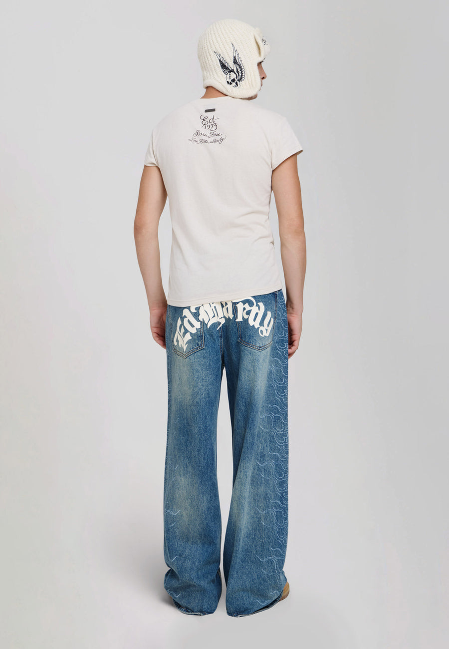 Mens Flame Etched Xxtra Baggy Jeans - Blue