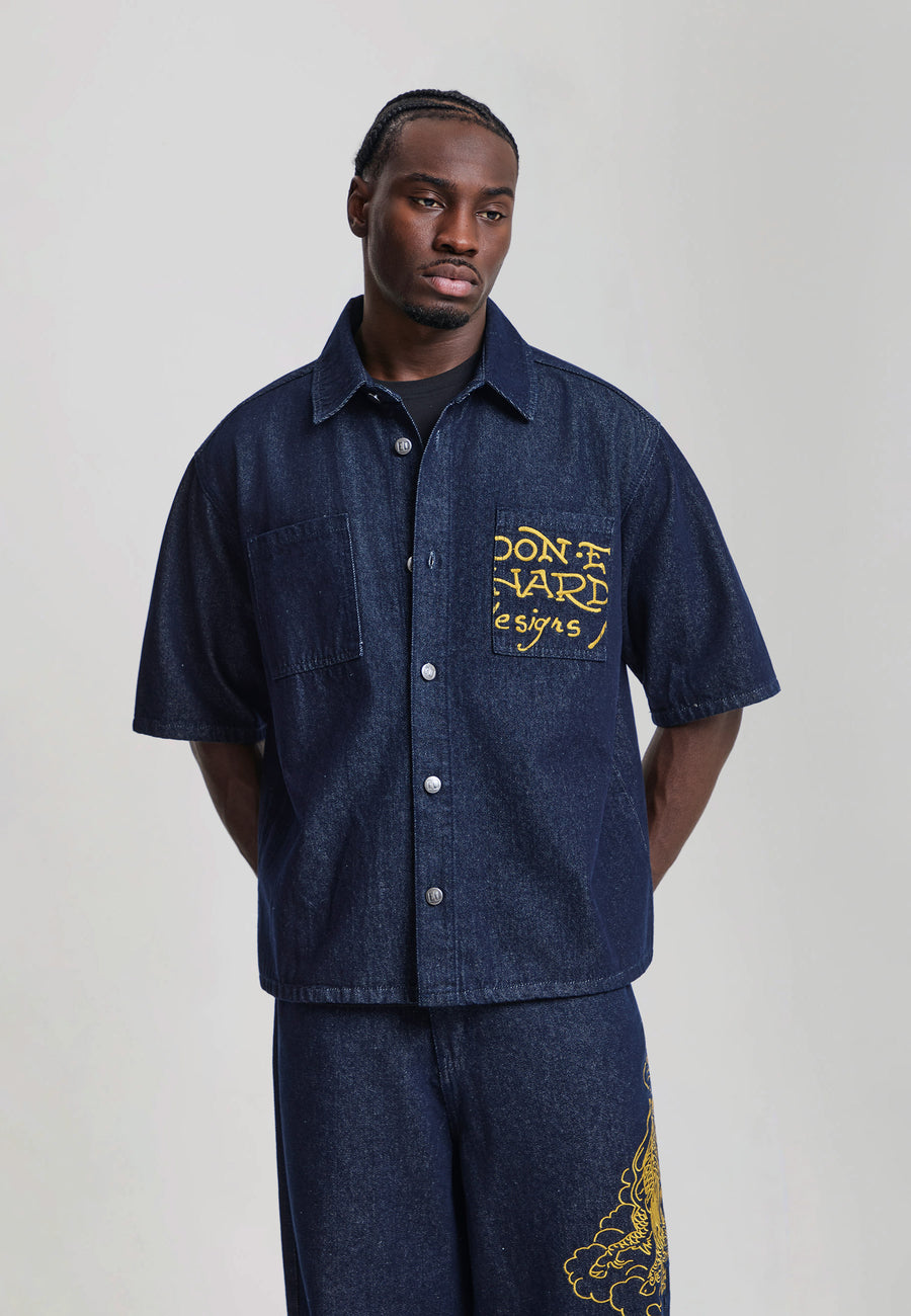 Mens Soaring Dragon Graphic Denim Relaxed Shirt - Indigo