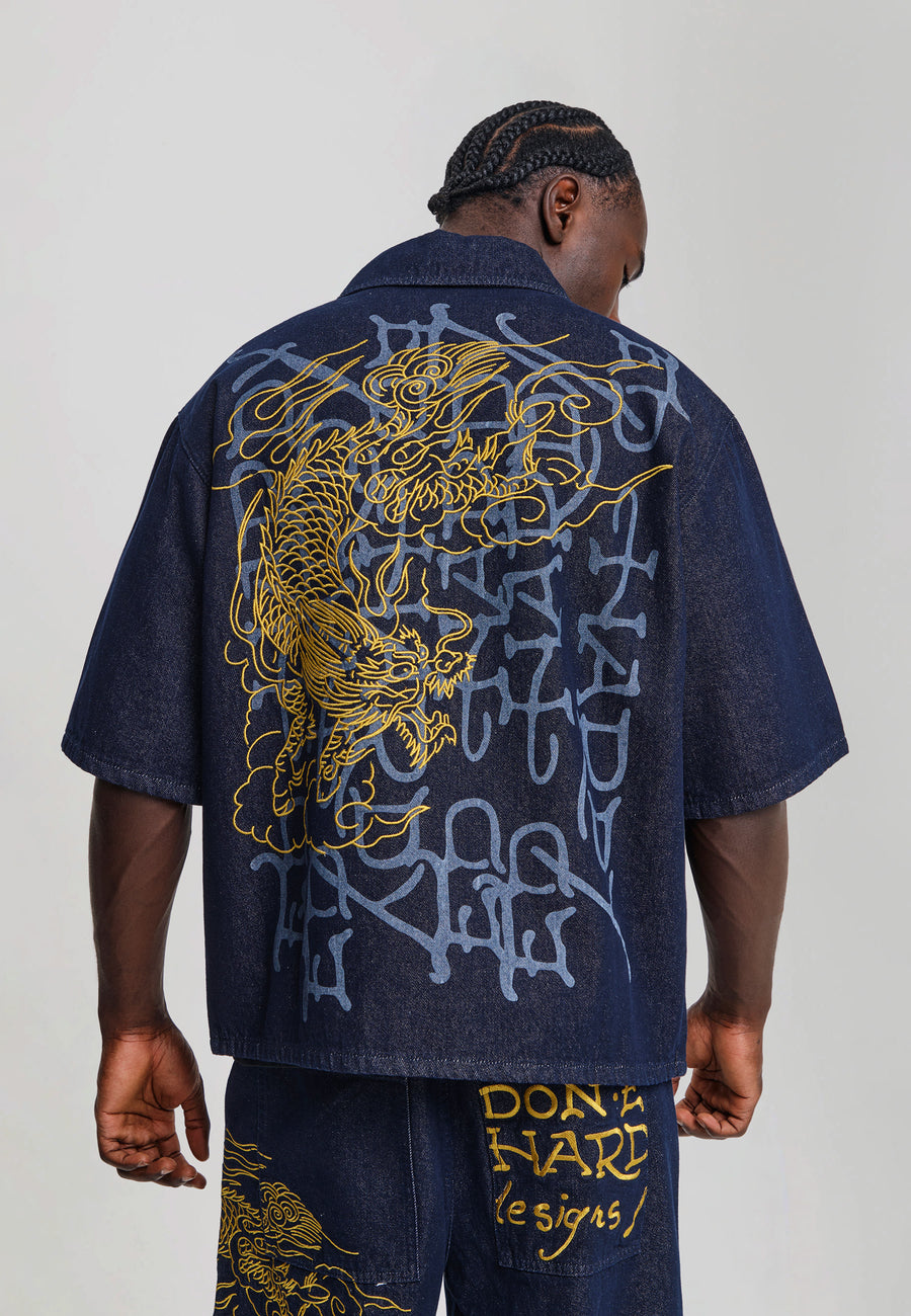 Mens Soaring Dragon Graphic Denim Relaxed Shirt - Indigo