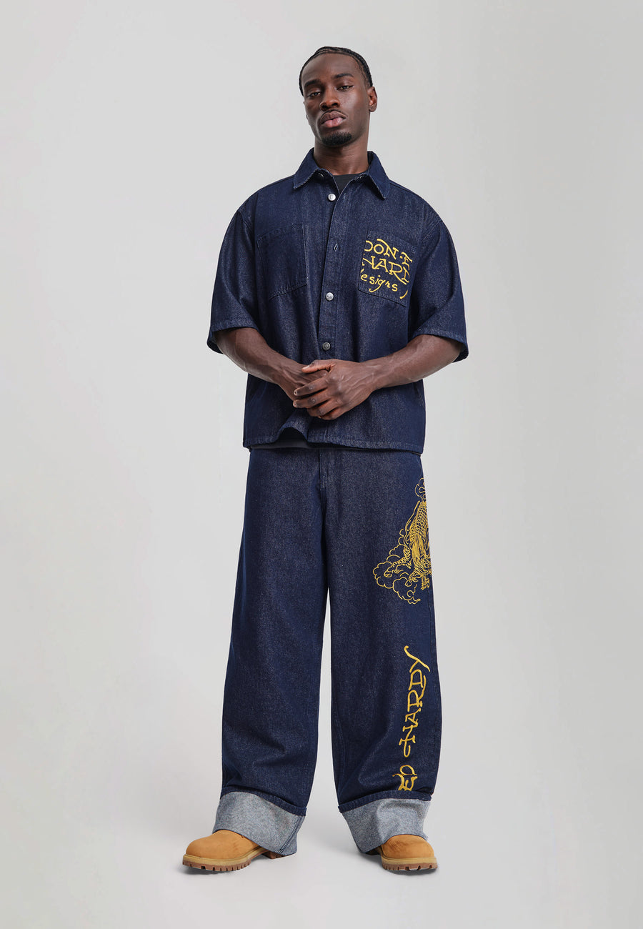 Mens Soaring Dragon Graphic Denim Relaxed Shirt - Indigo