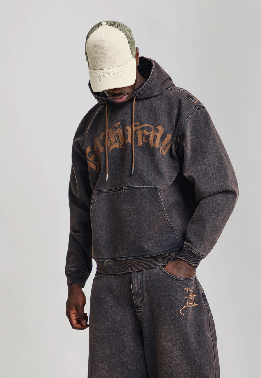 Mens Black Widow Graphic Denim Relaxed Hoodie - Brown