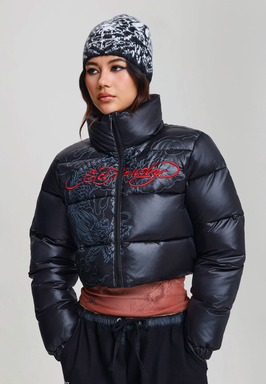 Womens Ed Hardy Cropped Puffer Jacket - Black
