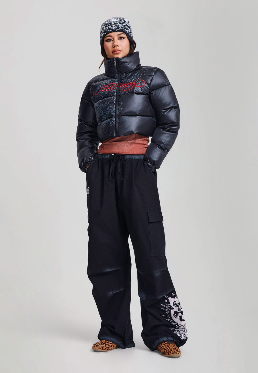Womens Ed Hardy Cropped Puffer Jacket - Black