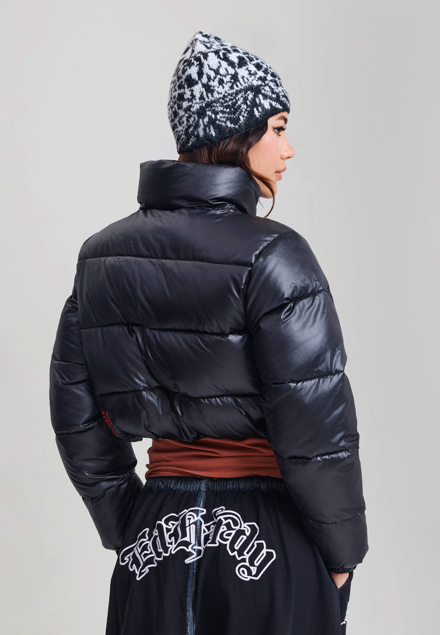 Womens Ed Hardy Cropped Puffer Jacket - Black
