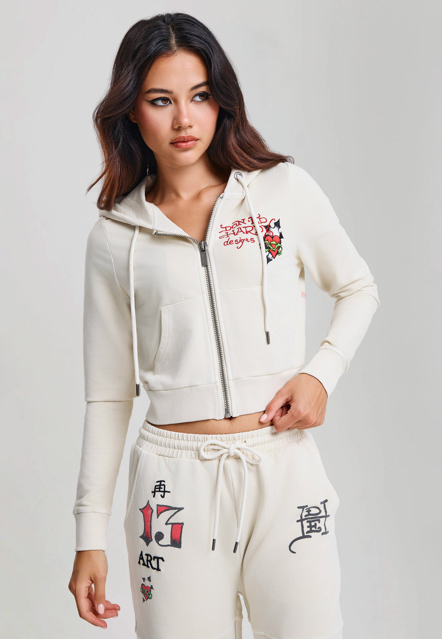 Womens Flaming Leopard Cropped Zip Thru Hoodie - Ecru