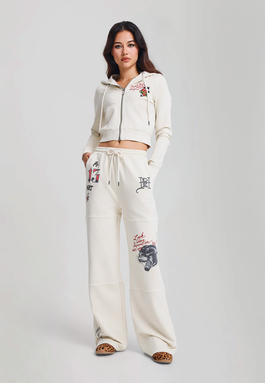 Womens Flaming Leopard Cropped Zip Thru Hoodie - Ecru