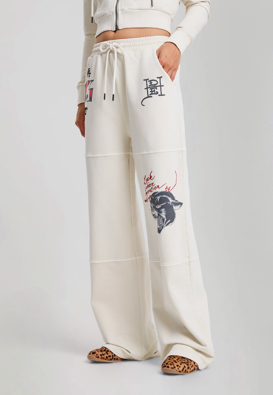 Womens Tattoo Collage Seam Detail Wide Leg Joggers - Ecru