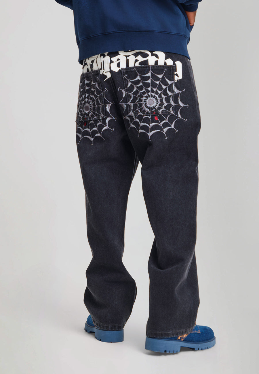 Mens Black Widow Baggy Denim Trousers Jeans - Dark Black