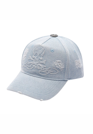 Unisex Denim Embossed Skull 5 Panel Cap - Mid Blue