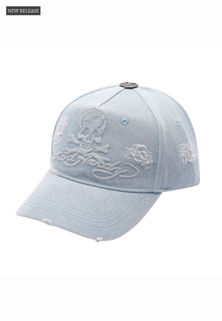 Unisex Denim Embossed Skull 5 Panel Cap - Mid Blue