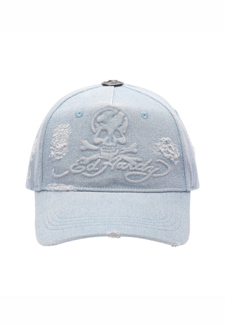 Unisex Denim Embossed Skull 5 Panel Cap - Mid Blue