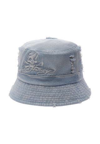 Unisex Denim Embossed Skull Bucket Hat - Mid Blue