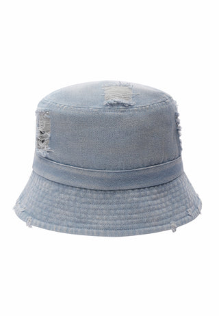 Unisex Denim Embossed Skull Bucket Hat - Mid Blue