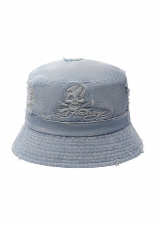 Unisex Denim Embossed Skull Bucket Hat - Mid Blue