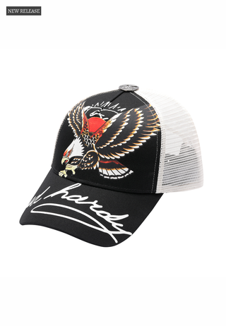 Unisex Soaring Eagle Ed Hardy Script 5 Panel Cap - Black/Bluewash