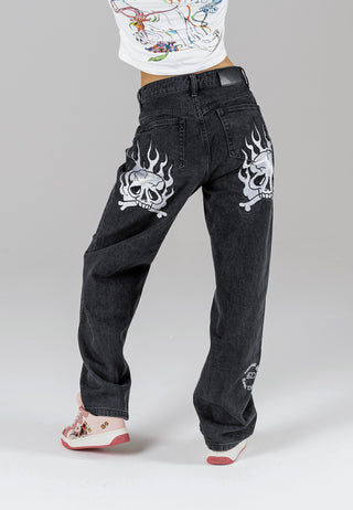 Flaming Skull Jeans mit entspannter Passform für Damen – Schwarz